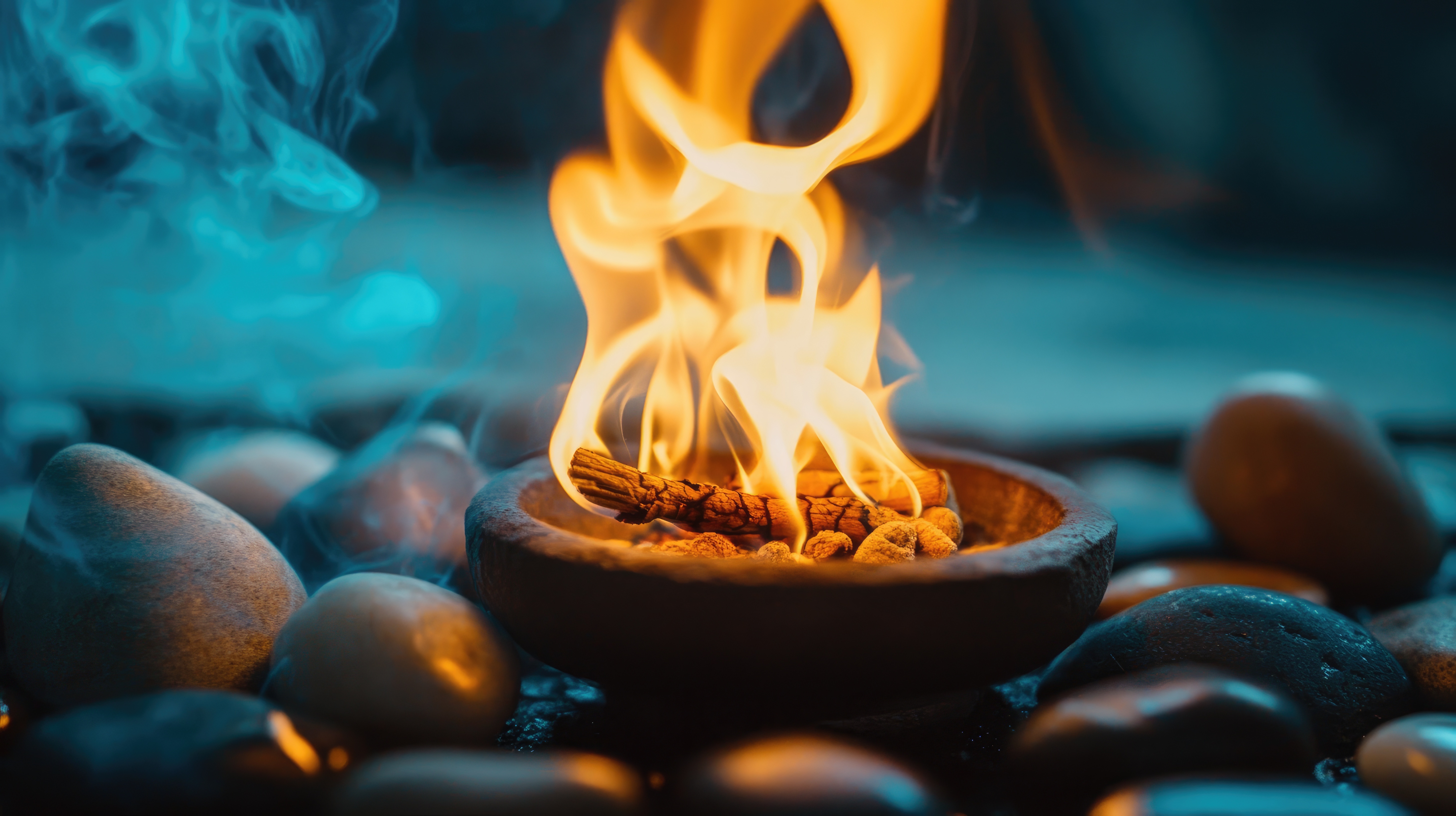 Ein rustikales Tongefäß mit brennendem Holz steht auf glatten Steinen, während blauer Rauch aufsteigt und im warmen Licht der Flammen eine meditative Atmosphäre erzeugt.