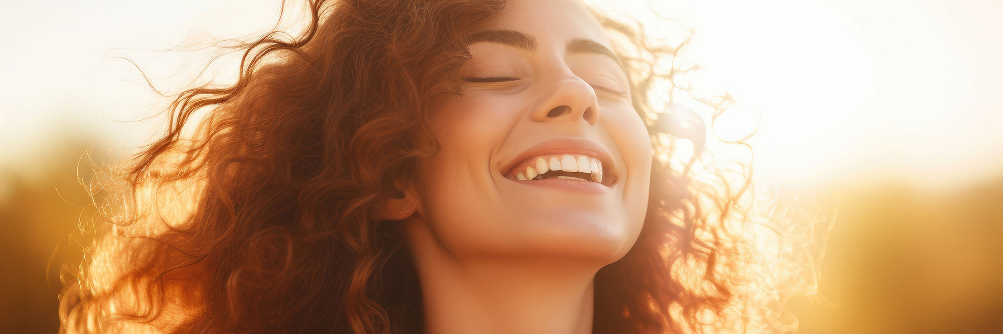 Eine Frau lächelt mit geschlossenen Augen, ihr Gesicht strahlt pure Lebensfreude aus. Die Sonne leuchtet hinter ihr und taucht das Bild in ein goldenes Licht. 