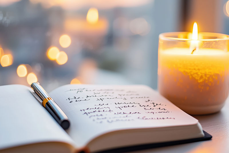 Ein aufgeschlagenes Dankbarkeits-Tagebuch auf dem Tisch vor einem Fenster im Abendlicht, daneben steht eine brennende Kerze, die warmes Licht verströmt.