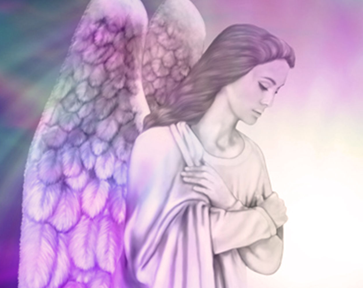 Ein Engel mit violetten Flügeln verschränkt die Arme und blickt nach unten
